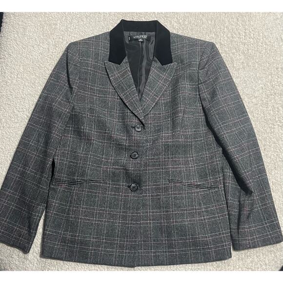 Kasper Womens Sz 14P Dark Academia Velvet Collar 2 Button Blazer Gray Black Red - Picture 1 of 12